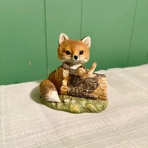Fox On A Log Porcelain Figurine Vintage 1986 Masterpiece Porcelain HOMCO Decor